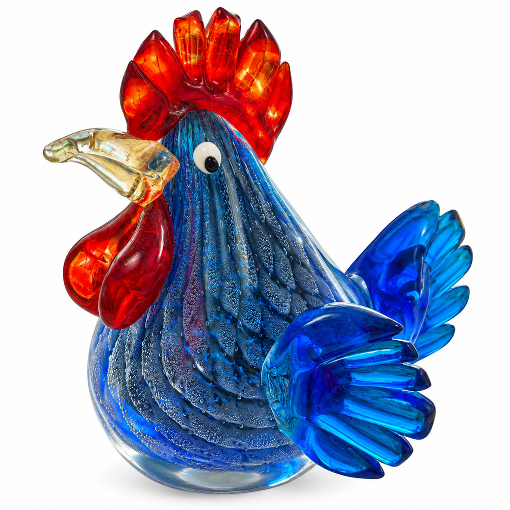 Vintage Art Glass Rooster Cockerel Blue Red Hand-Blown Murano Style Figurine